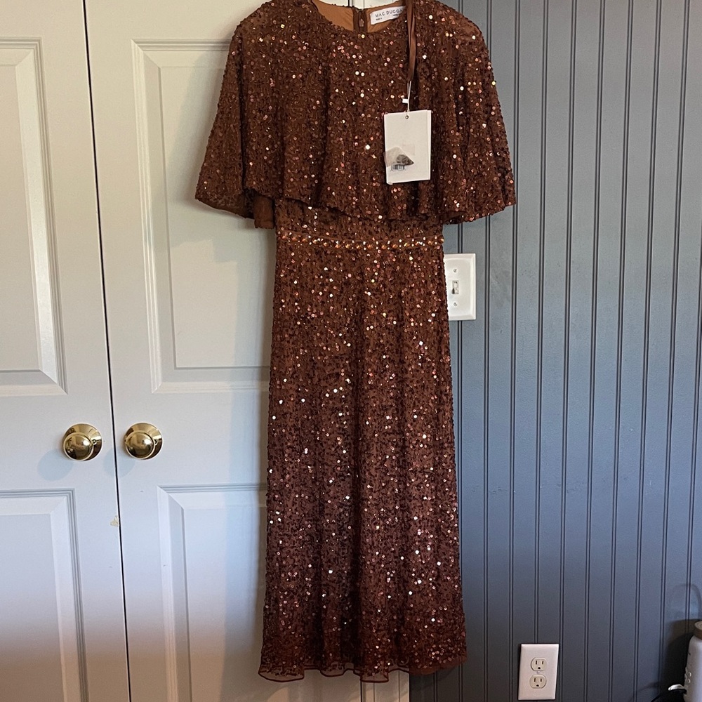 Mac Duggal Brown Sequin Midi Dress